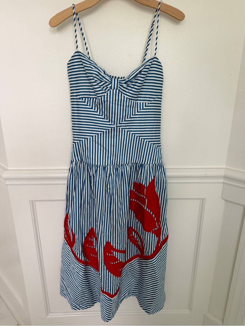 FARM Rio Blue Sky & White Striped Sundress with Red Floral Appliqué | M | NWT - Picture 2 of 10